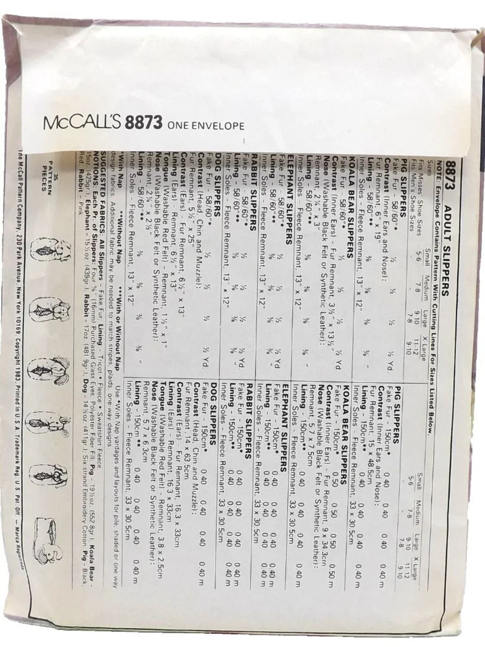 Vintage McCalls 8873 Adult Slippers Sewing Pattern Koala Pig Elephant